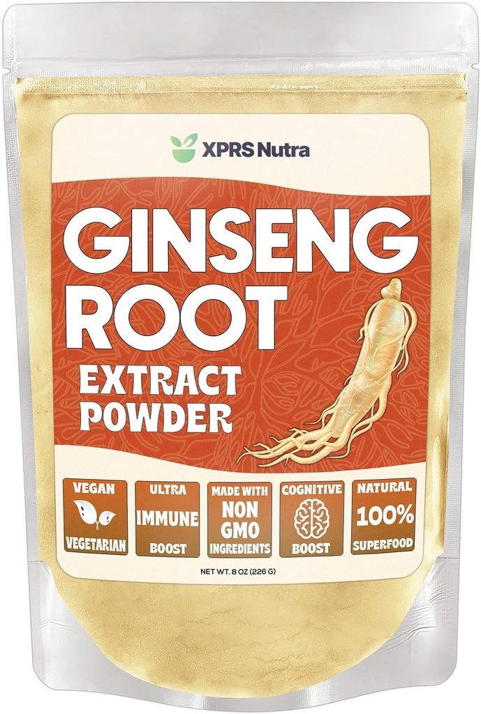 XPRS Nutra Ginseng Root Extract Powder - Ginseng Powder stöder kognitiv funktion, fysisk prestanda och immunsystem - Vegan Friendly Panax Ginseng i Powder Form (8 Ounce)