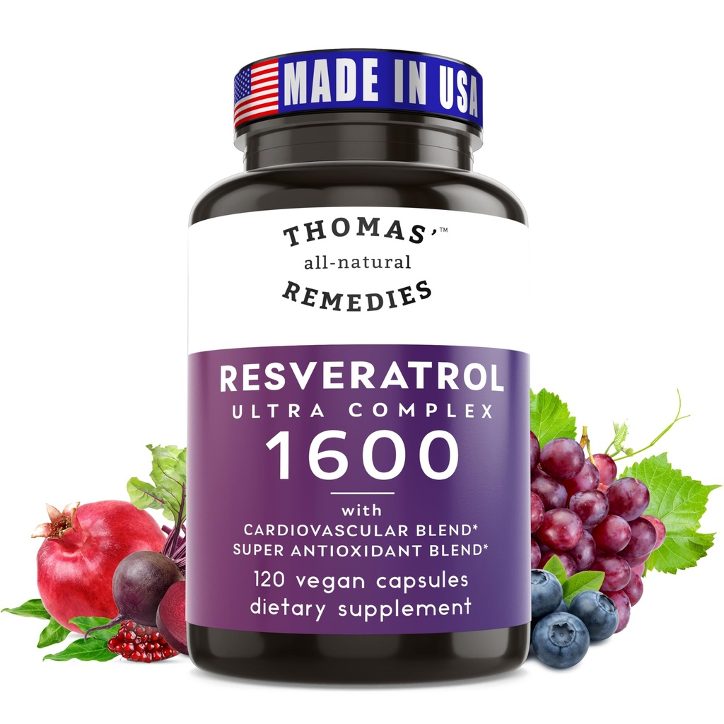 Thomas' all-naturliga läkemedel Resveratrol 1600mg Organic Trans-Resveratrol Antioxidant Supplement med organisk Grape Seed Extract och Quercetin- Anti-Aging och Cardiovascular Support- 120 kapslar
