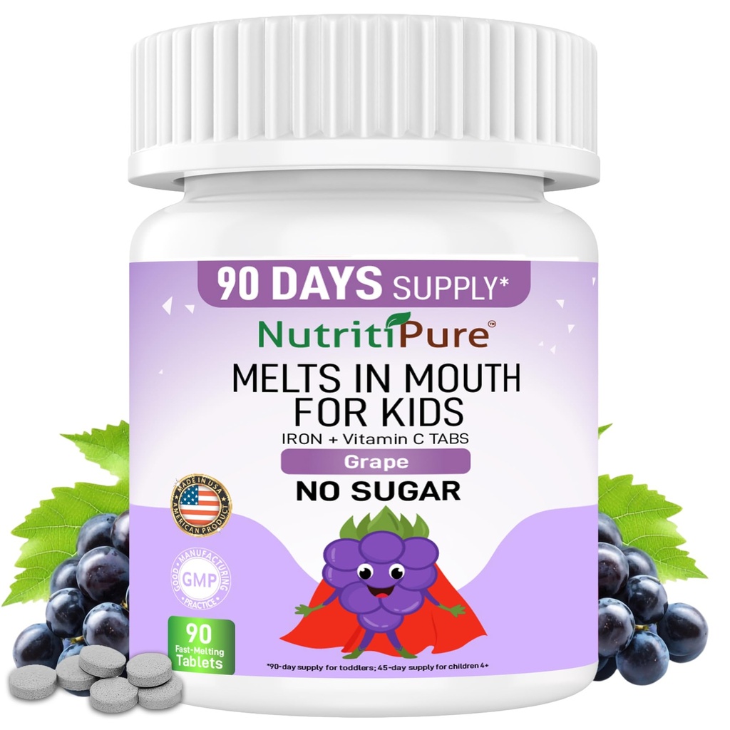 Lapset Pururauta Supplement, Ferronyl® Carbonyl Iron 9 mg, C-vitamiini 30 mg, Grape Flavor, 90 tablettia (1 pullo)