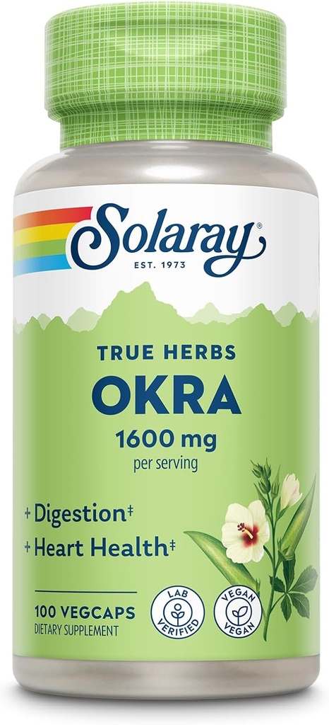 Solaray Okra Fruit 1600 mg - High Fiber Supplement for Wellness Support - Rich Source of Soluble Fiber - Likvärdigt av 6,4 g Fresh Okra per servering, Vegan, 60-dagars garanti - 25 portioner, 100 VegCaps