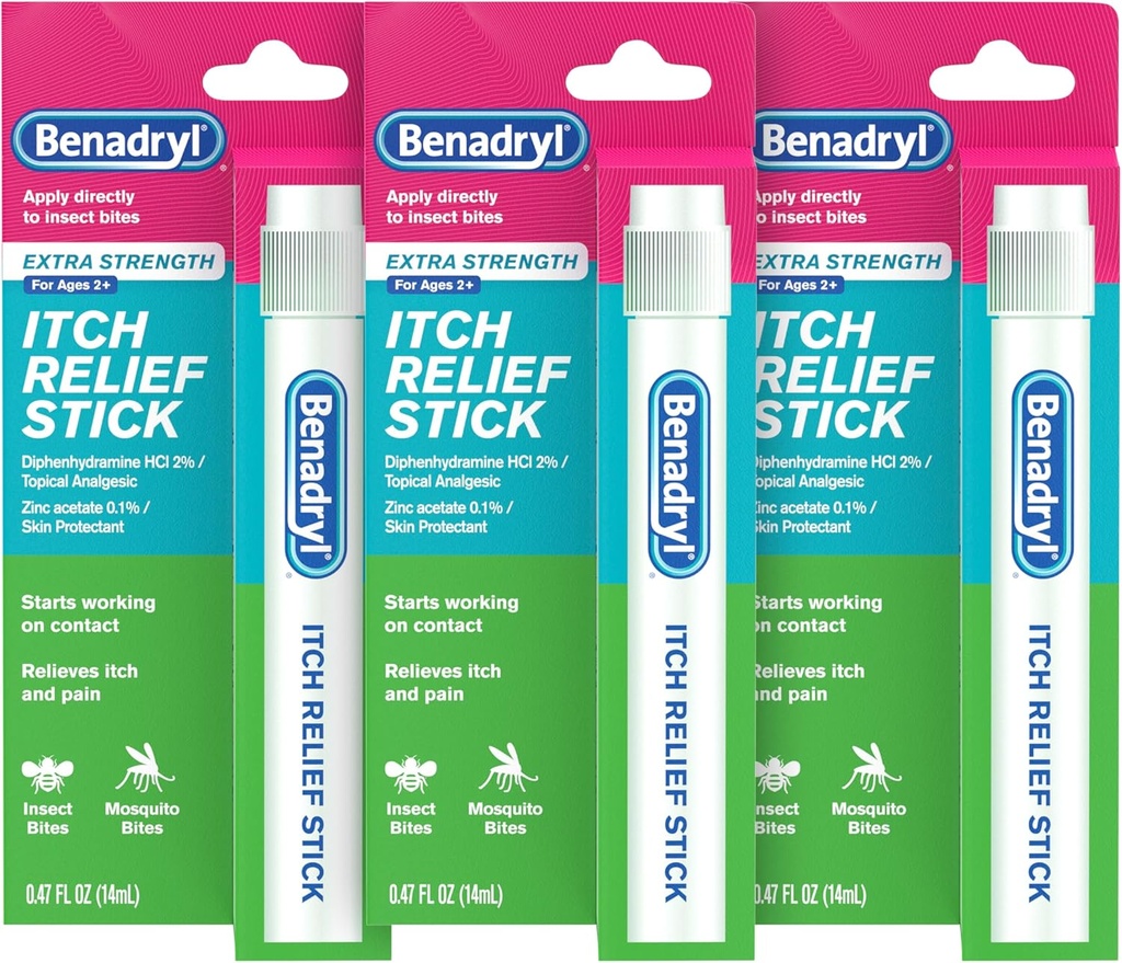 Benadryl Extra Strength Anti-Itch Relief Stick, Bug Bite Itch Relief, Difenhydramiini HCl Topial Analgesic & Sinkki Acetate Skin Protect, Great for Camping Essentials, 0,47 fl oz (Pakki 3)