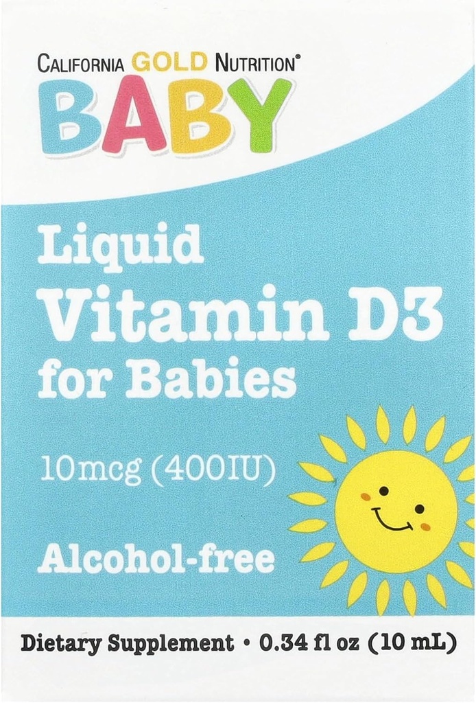 Kalifornia Gold Nutrition Vauvan D3-vitamiini Nestemäinen D3-lisä vauvalle, kasvissyöjä Friendly - Developmental Support - Alkoholiton ja gluteeniton, ei-GMO - 10 mikrog (400 IU) - 0,34 fl oz (10 ml)