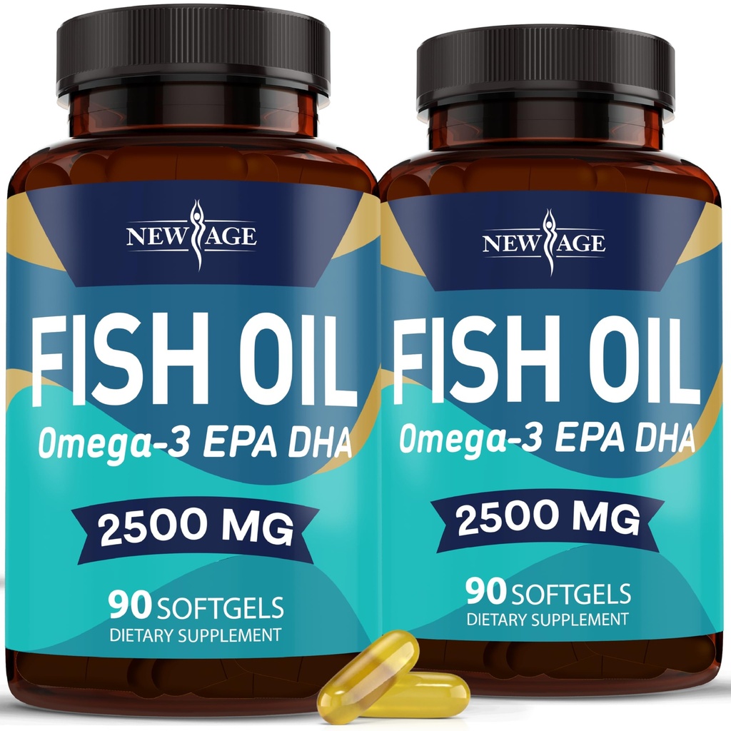 NEW AGE Omega 3 Fish Oil 2500mg Supplement Non GMO - EPA, DHA rasvahapot Gluteeniton (180 Softgels (Pack of 2))
