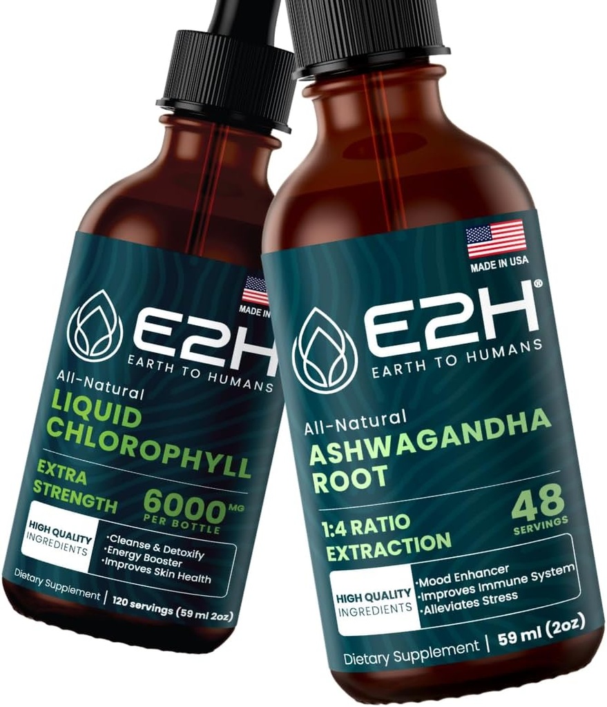 E2H: Liquid klorofylli ja Ashwagandha Liquid Drops Vegaani, ei-GMO - 2 Fl Oz Each (4 Fl Oz yhteensä) - Bundle