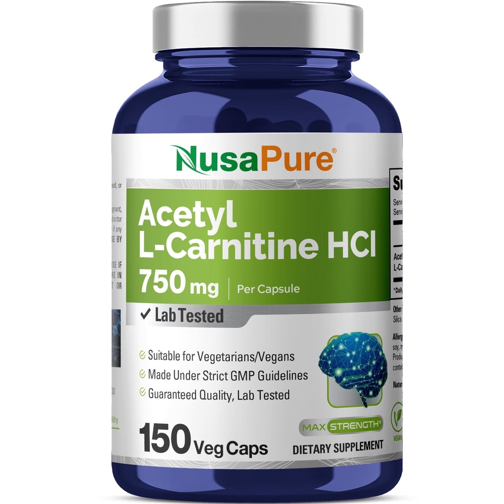 NusaPure Acetyl L-Carnitine 750mg / Caps 150 kasviskapselit (ei-GMO, Vegan) High Potency Acetyl L Carnitine HCL (ALCAR)