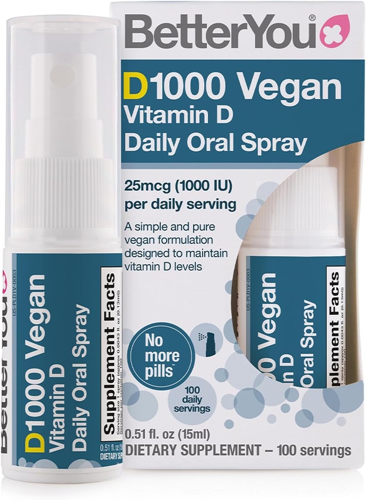 BetterYou D1000 Vegan Vitamin D Oral Spray - Bekvämt alternativ för tabletter - Plant-Origin - Främjar starka ben, tänder och immunsystem - Hjälp i kalciumabsorption - 100 dagliga doser - 0,5 uns