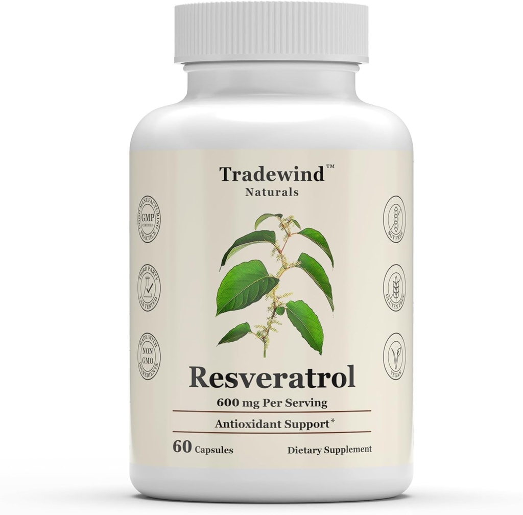 Resveratrol 600mg - Vegaani - Ei-GMO - Tuki Terve ikääntyminen ja sydän-ja verisuonitautien terveys - Rikas antioksidantteja - 60 Vihanneskapselit