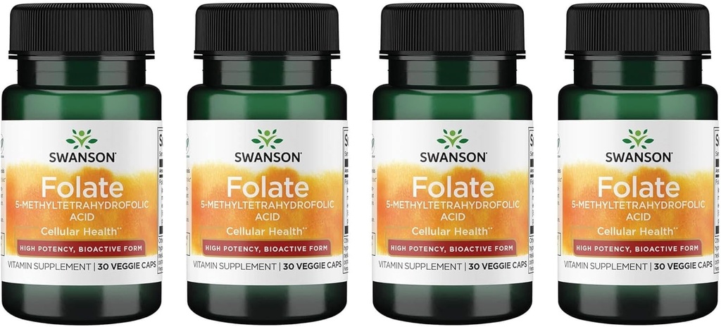 Swanson Folate 5-Metyylitetrahydrofolic Acid - High Potency, Bioactive Form 800 mikrog Dfe 30 Veg Caps (4 pakkaus)
