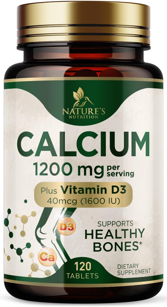 Kalcium 1200 mg med vitamin D3 - Benhälsotillskott, D-vitamin och kalciumtillskott för kvinnor och män - Benstyrka, tänder och immunstöd, naturens kalciumpiller, buteljerade i USA - 120 tabletter