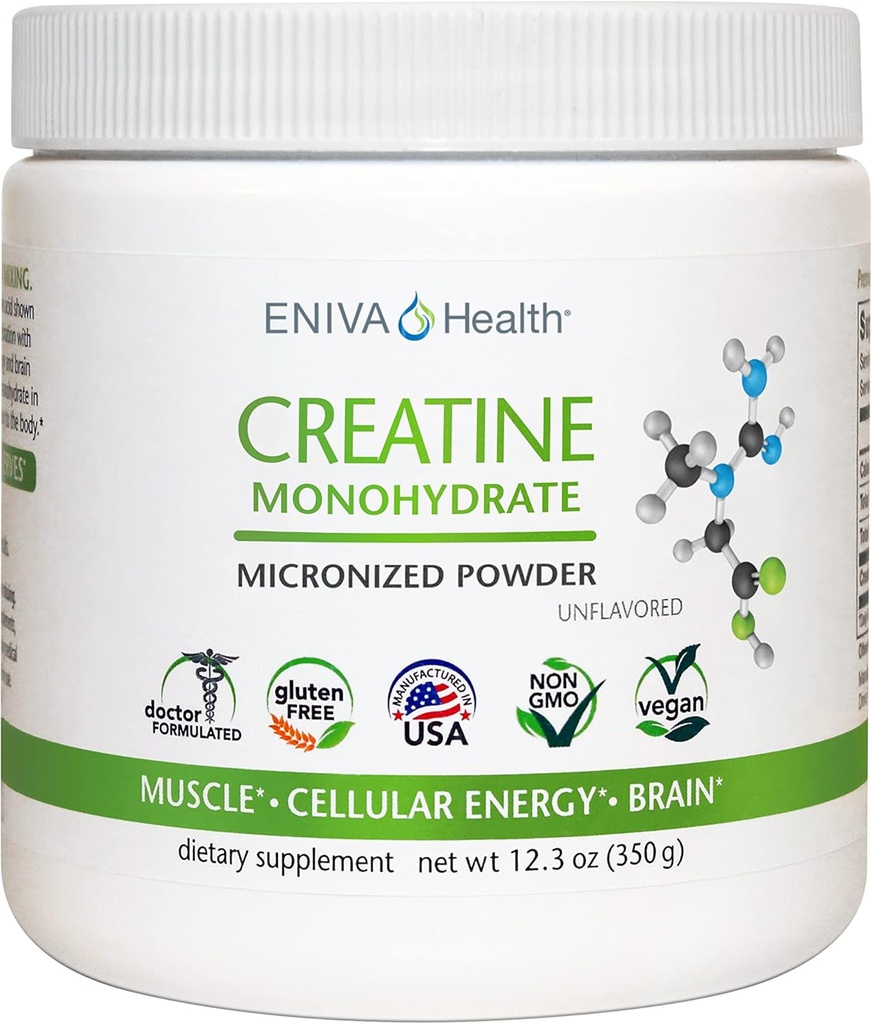 Eniva Health Creatiini Monohydraatti Powder, Aminohappo, Micronized Powder, 70 Servings 5 G 12.3 oz, lihasten tuki, lihasten kasvu, soluun energia, kognitiivinen Focus, Ultra-Pure, Pharmaceutical Grade