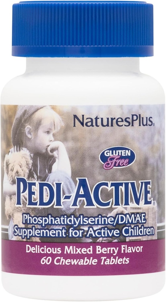 NaturesPlus Pedi-Active LECI-PS, DMAE Complex - 60 Chewable Tablets - Mixed Berry Flavor - Childrens Chewable Supplement, främjar hjärnhälsa, fokus - Vegetarian, Gluten-Free - 30 portioner