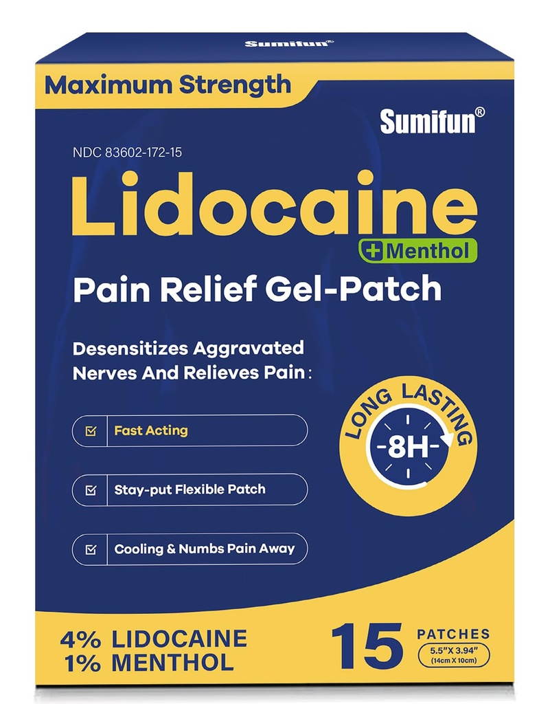 Sumifun 4% Lidocaine Patches Plus 1% Menthol - 15 Räknar Maximal Styrka OTC Smärta Relief Patches för Back Ache Stiff Neck Joint Pain Muscle Soreness Topical Analgesic