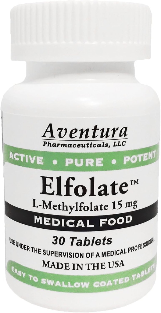 ELFOLATE® 15mg L-Methylfolate Methyl Folate Methylfolate Medical Food Supplement Professional Strength Active Pure Potent 30 tabletter