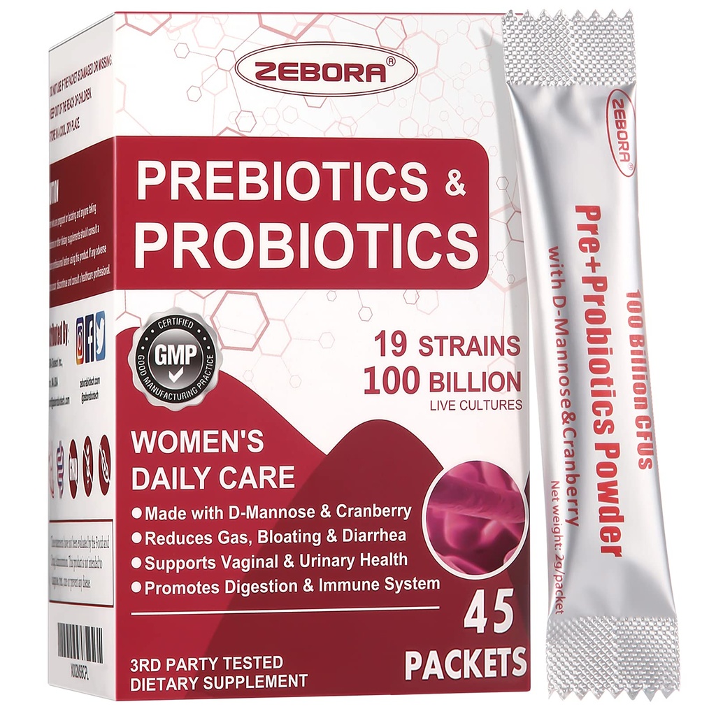 ZEBORA Probiootit - Naiset 100-Billion-CFU prebiootit, D-Mannose & Cranberry for digestive, Immuuni, Feminine UT Health Support, Ultimate Probiootti naisten hoito, soija & Gluteeniton, 45 Packets