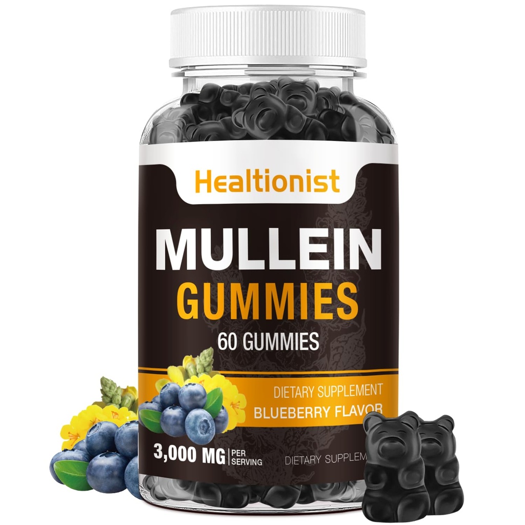 1 pakkaus sokeria ilmaiseksi Mullein Gummies - keuhkojen puhdistusaine, 3000MG Mullein lisäravinteet hengitysteihin, luomumullein drops Gummy with Quercetin & Bromelain for Lung, Dgestive Health & Immune 90Ct
