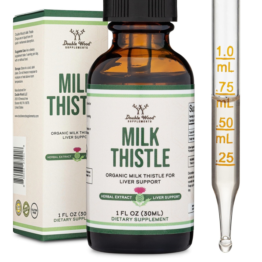 Milk Thistle Supplement - Organic Milk Thistle Liver Detox Drops 1 FL OZ - 30 Tarjoilut (Vegaaniturvallinen, ei-GMO, Gluteeniton) Täydellinen lisääminen teetä Double Wood
