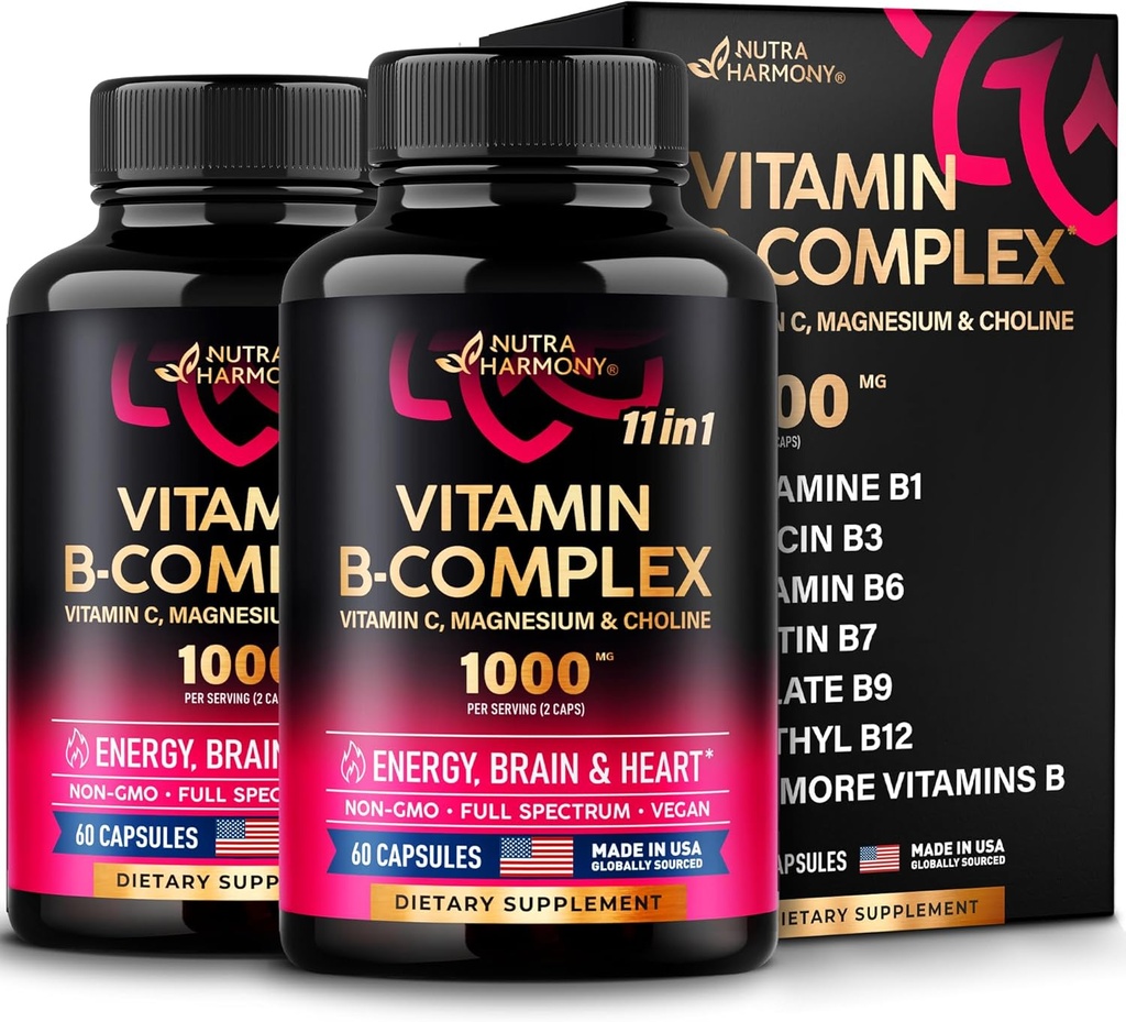 Vitamin B-komplex för män och kvinnor - Tillverkad i USA - 11-i-1 B-Complex: B1, B2, B3, B5, B6, B7, B8, B9, B12 med vitamin C, Choline, Inositol - Energi, Brain & Heart Support Supplement - Pack med 2