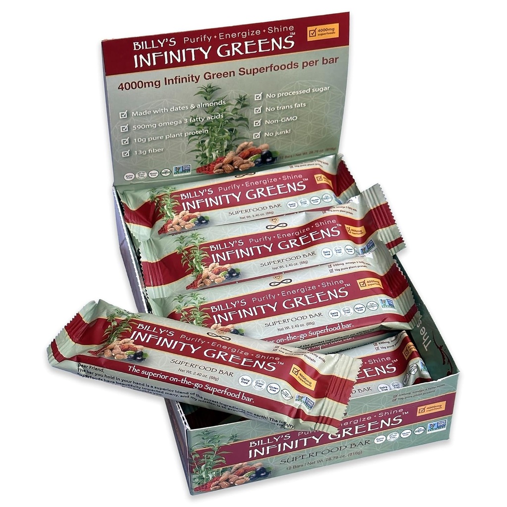 Infinity Greens Superfood Bars, Kasvipohjainen ateriankorvike Bar 4000 mg Infinity Greens Superfood Powder, Organic, Raw, Gluteeniton, Ei GMO (12 Bars)