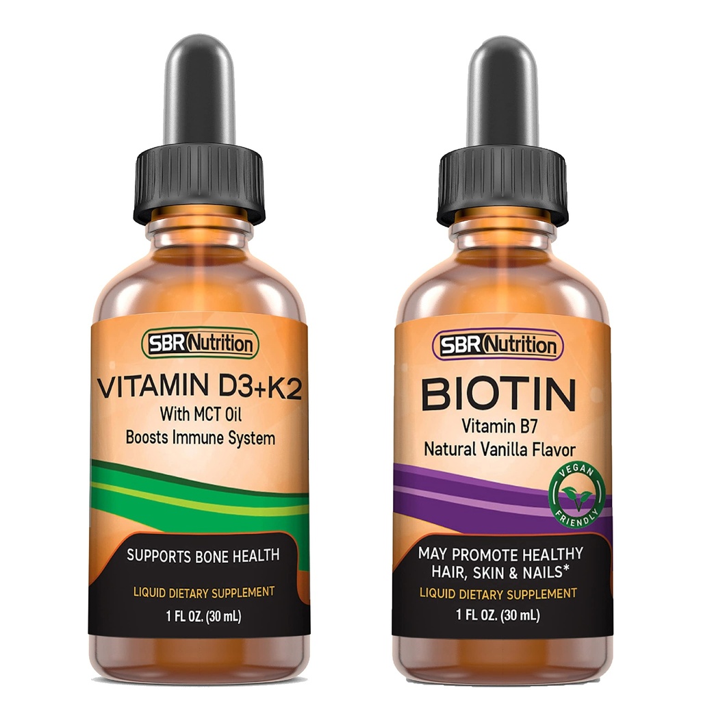SBR Nutrition D3+K2 ja Biotiini Bundle-vitamiini D3K2 (MK7) nestepiparminttu, 1oz ... Biotiini 5000 mcg Liquid Drops, Vanilla 2oz...