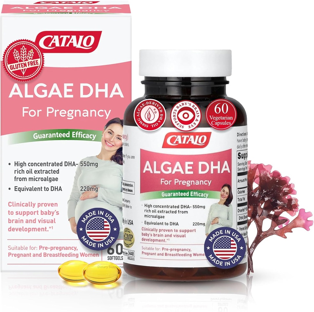 CATALO Omega 3 Algae DHA för kvinnor - 550mg DHA-Rich Oil från Microalgae, idealisk för prenatal, graviditet och amning, vegetariska Softgels, Gluten-Free - 60 Softgels