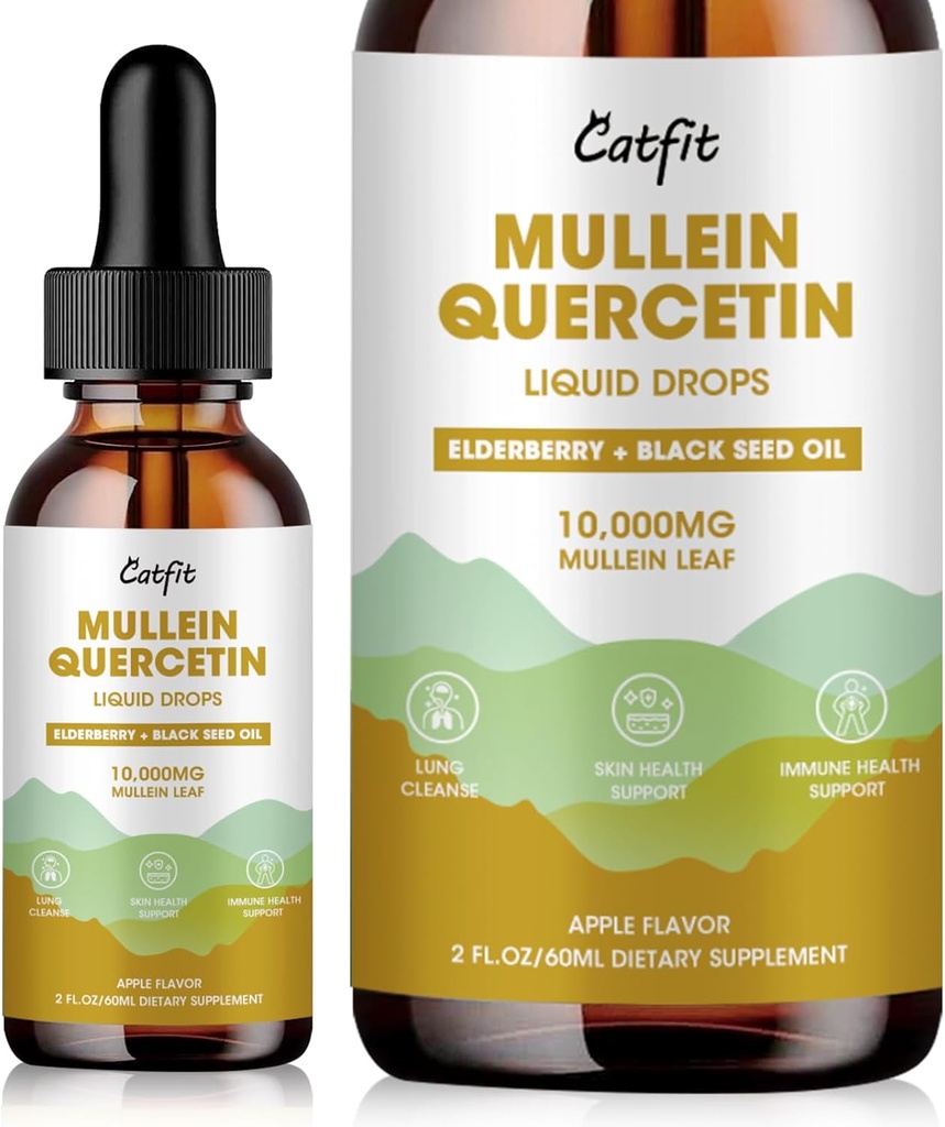 Catfit Lymphatic Drainage Drops for Keuhkot - Mullein Leaf Extract Liquid Supplement - Keuhkopuhdistus Tupakoijille - Tehokas Mullein Tincture for Immune, ihon ja hengitysteiden terveys tuki - 1 Fl Oz