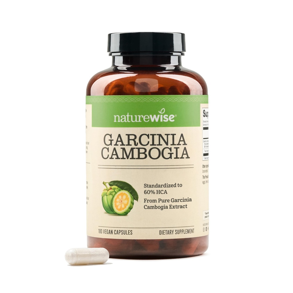 Naturewise Garcinia Cambogia - 60% HCA Concentration Extract, Natural Support for Weight Goals and Energy Levels - Vegan, non-GMO, Gluteenittomat - 180 kapselia[2-6 kuukauden tarjonta]