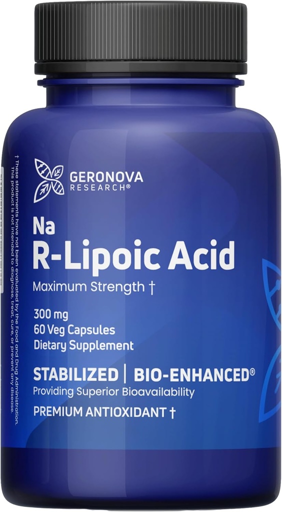 Geronova Research Bio-Enhanced R-Lipoic Acid, 300 mg kapslar - 2 månaders leverans - Stabiliserad R Alpha Lipoic Acid med förbättrad absorption - R Lipoic Acid Supplement - 60 Count