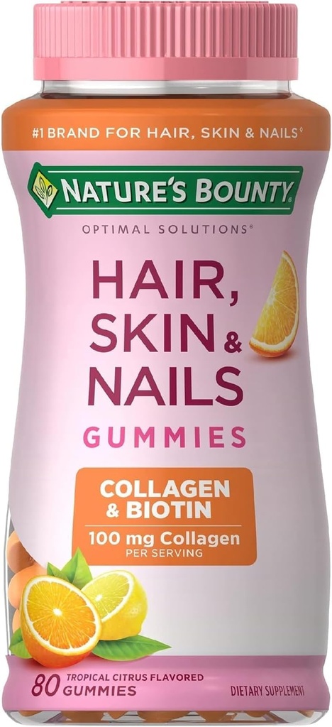 Naturens Bounty Hair, Skin & Nails med Biotin och Collagen, stöder hår hud och nagelhälsa, 2500 mcg, Citrus Flavored Gummies, 140 Ct
