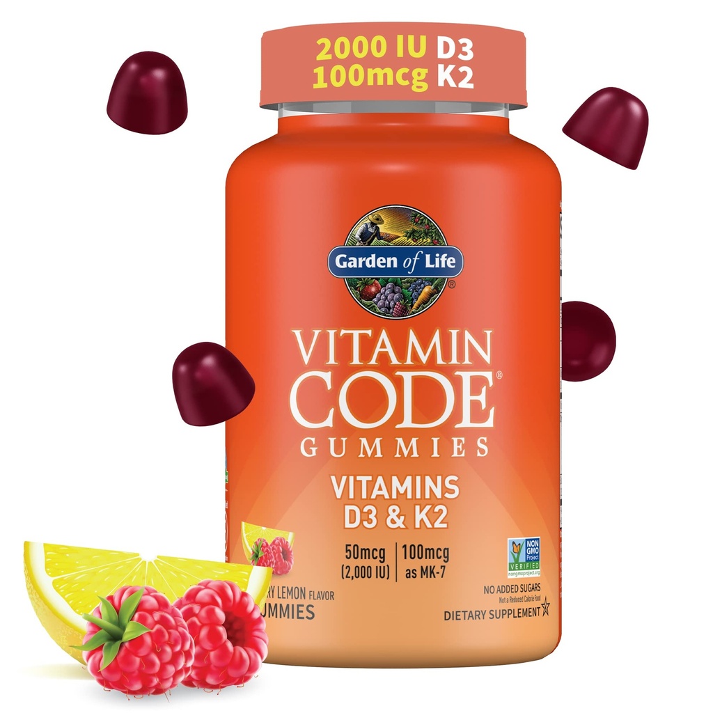 Puutarha Life Vitamiini koodi D3 & K2 Gummies prebiootit ja probiootit - Luun terveys, immuuniterveys, ja digestiivinen tuki, ei-GMO, Gluteenittomat, Vadelma sitruuna maku, 45 Gummies