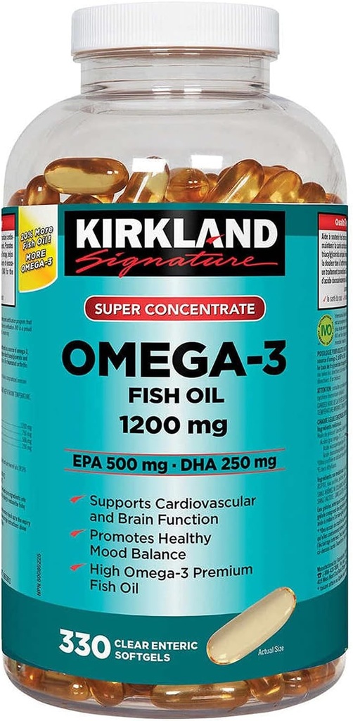 Kirkland Signature Super Concentrate Omega-3 Fish Oil 1200mg, EPA 500/DHA 250mg, 330 Clear enteriska mjukglar