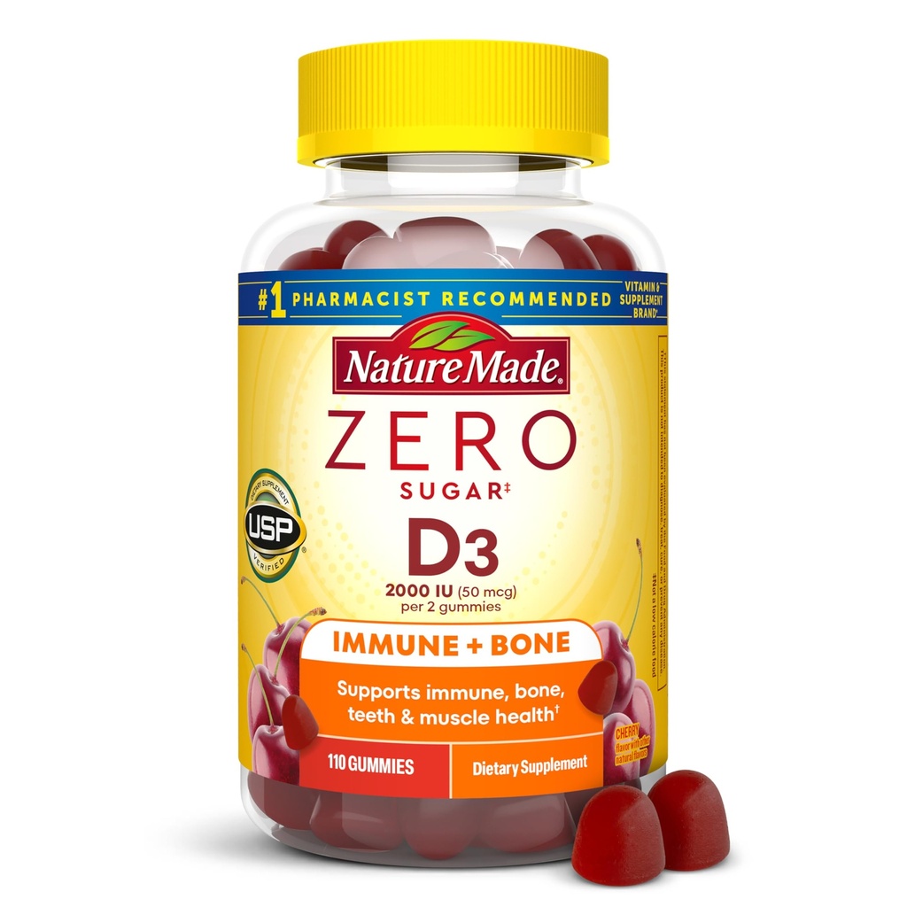 Nature Made Zero Sugar Vitamiini D3 Gummies 2000 IU (50 mikrog) per Serving, Bone & Immuuni tuki, Aspartaami vapaa, 110 D-vitamiini Gummies, 55 päivän tarjonta