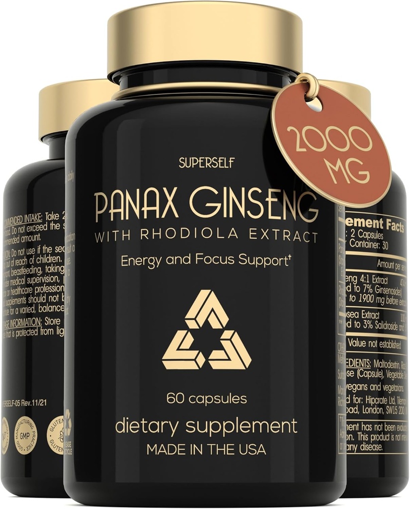 Panax Ginseng ja Rhodiola Rosea 2000mg - Korean Ginseng High Strength 60 kapselit - kasviperäisten täydentää miesten ja naisten - energia Complex Ginseng juuriuute Standardoitu 7% Ginsenosidit - US Made