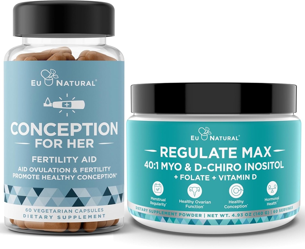 Conception hänen kapselit + Regulate MAX Myo-Inositol D-Chiro Inositol Powder - Hedelmällisyys tuki, Hormonitasapaino, Regulate Cycles - 60 Kasvisruokaa pehmeät kapselit + 60 tarjoilua jauhe