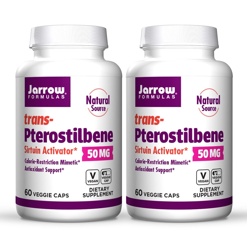 Jarow Formula Trans-Pterostilbene, 50 Milligrams Per Serving, 60 kasvissyöjä kapselit. Pakkaus, jossa 2 pulloa