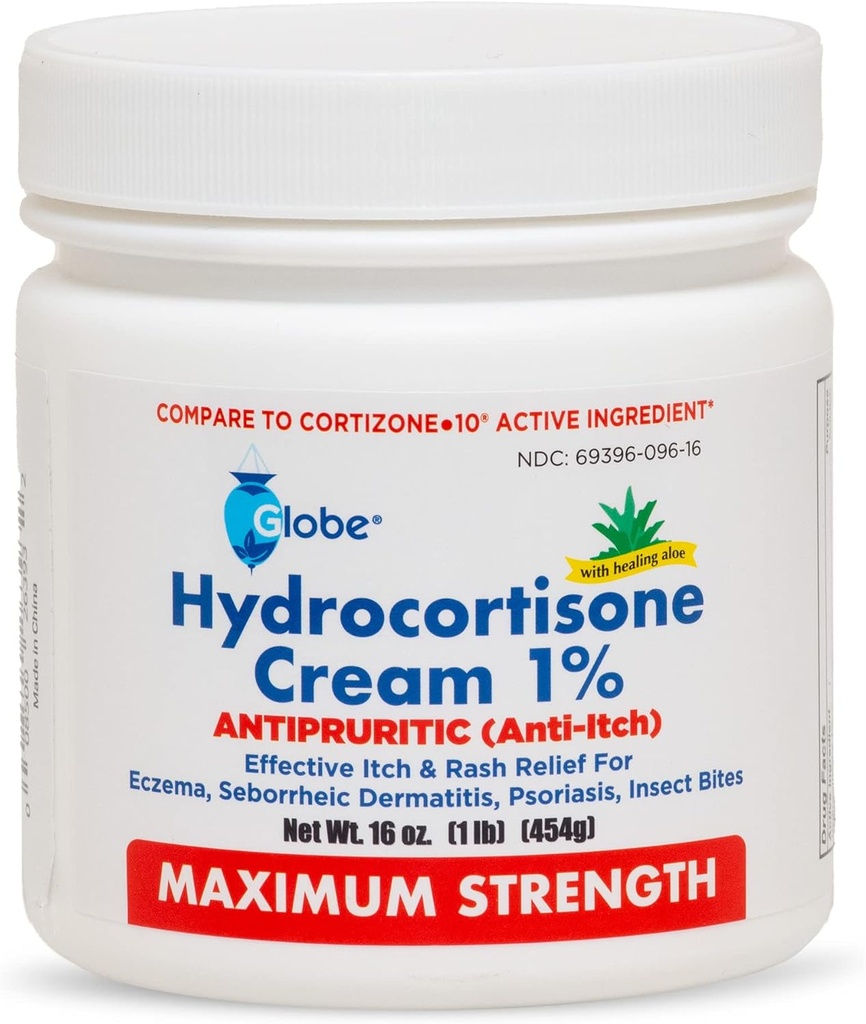 Globe Hydrokortisoni Maximum Strength Cream 1% w/Aloe, 16 oz, Itch Cream for punest, turvotus, kutina, ihottuma, ötökän/moskiiton puremat, ihottuma, peräpukamia & enemmän, 16 oz Jar