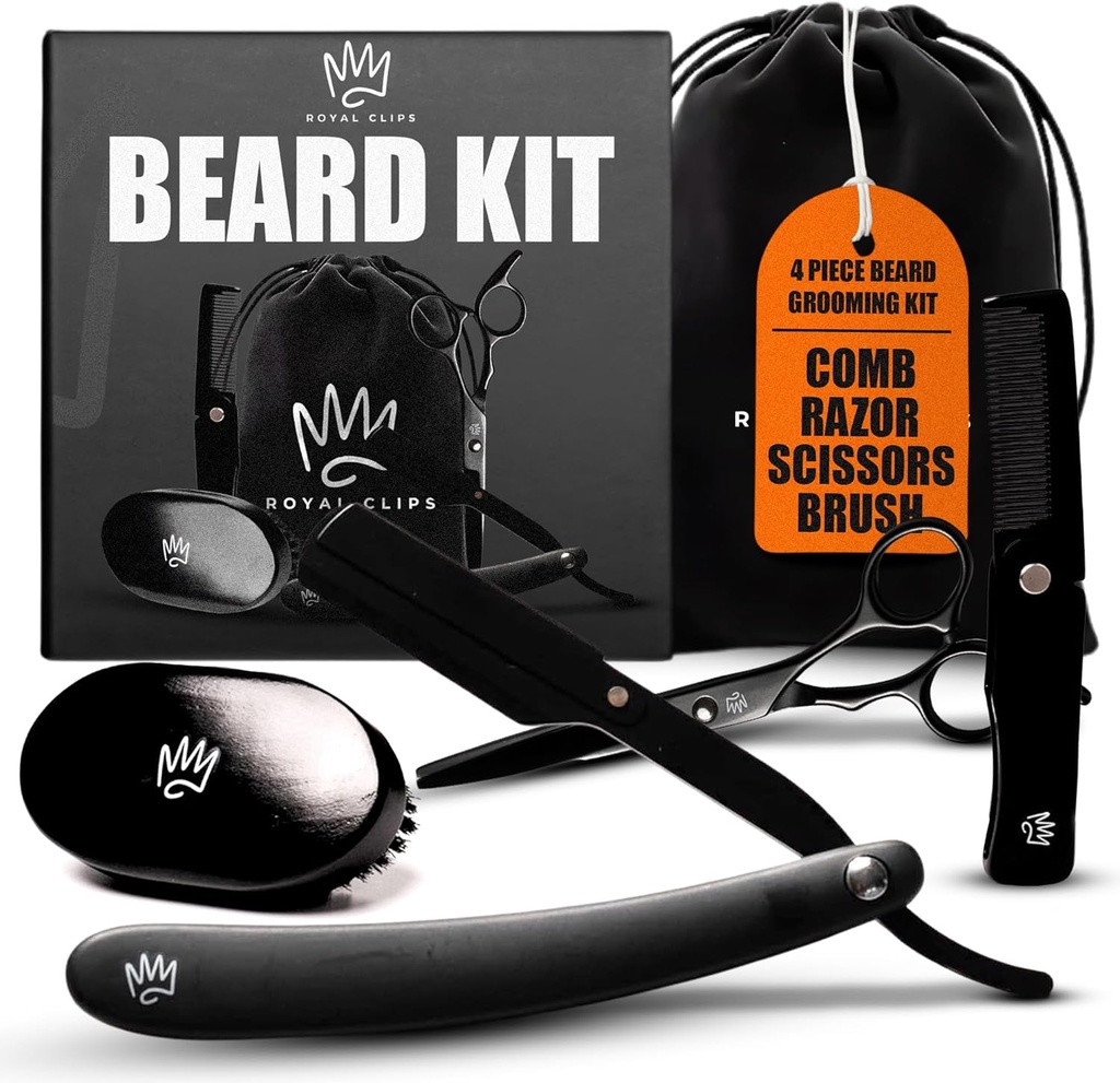 Royal Clips Beard Kit | 4 Piece Beard Grooming Kit | Beard Brush, Comb, Scissors och Straight Razor - Idealisk present till män, make, pojkvänner, familj och vänner