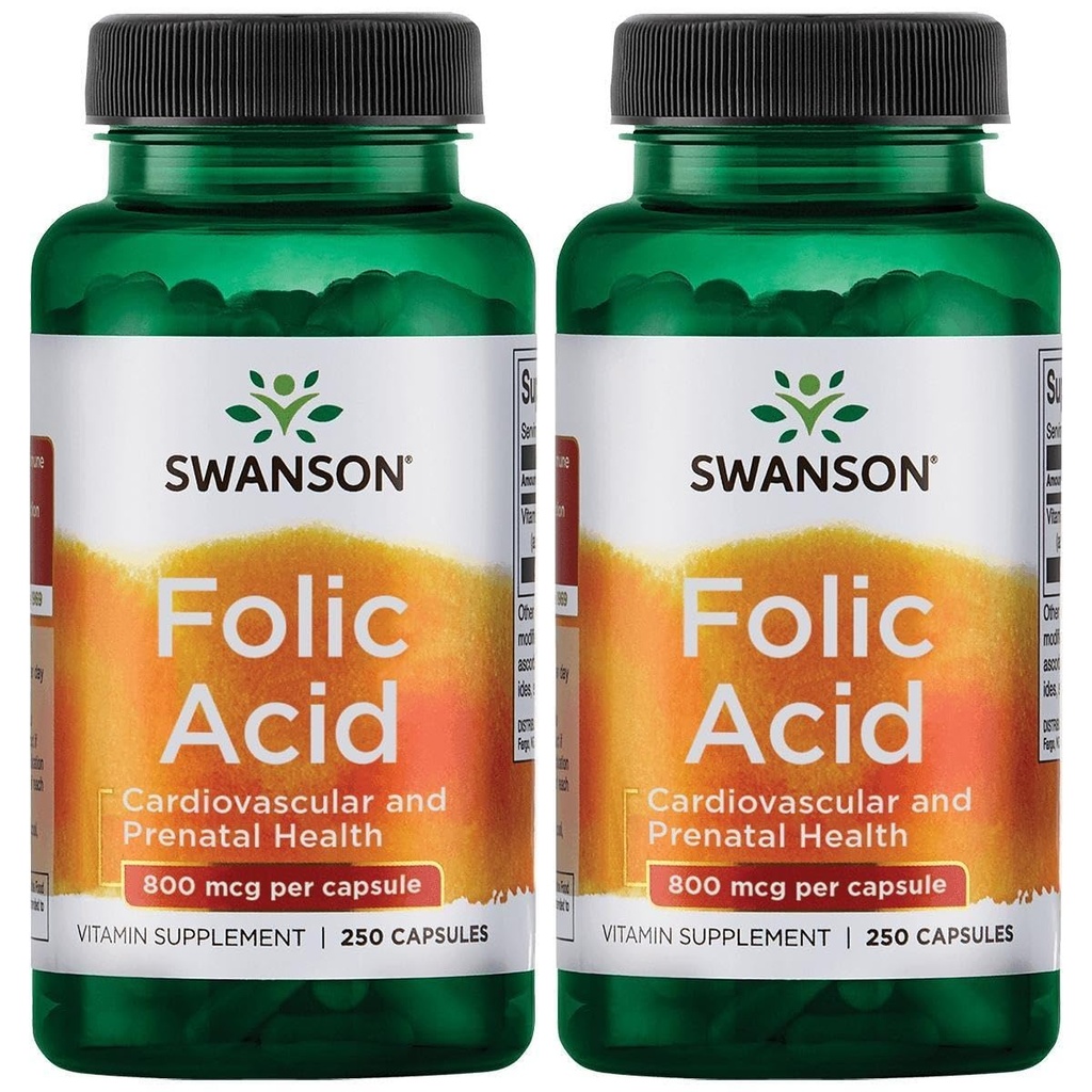 Swanson Folic Acid 800 mcg (1Vitamin 335 mcg Dfe Folate) 250 kapslar (2 Pack)