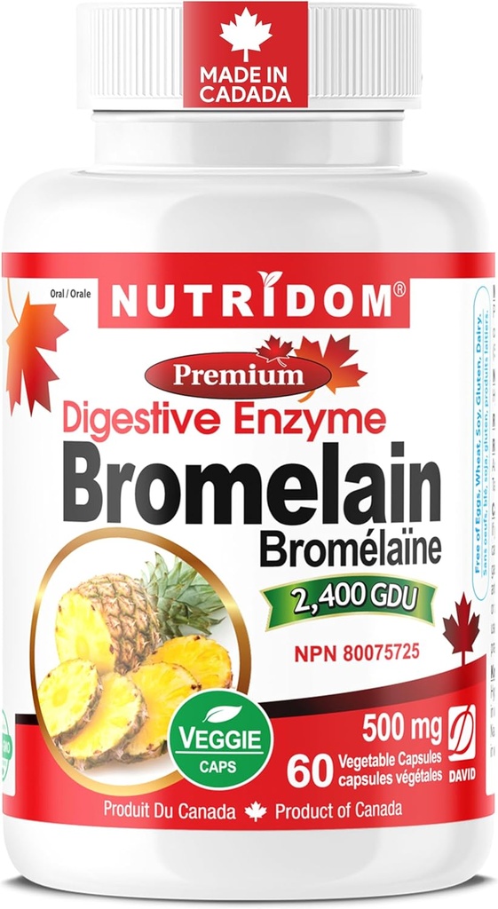Nutridom Bromelain Digestive Enzyme Pineapple Supplements, 2400 GDU, 500mg, Non-GMO, Vegan, fri från gluten, Soy & Dairy (60 greve)