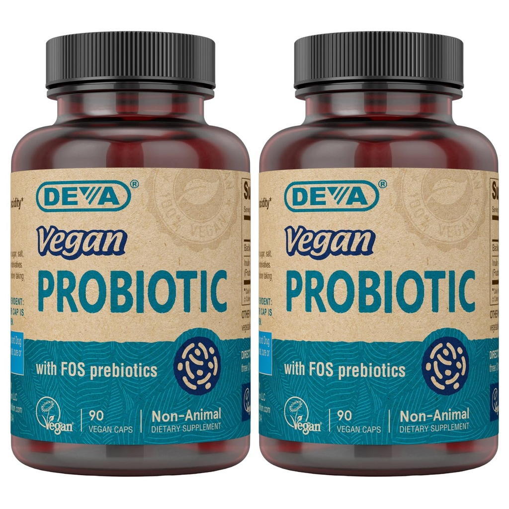 DEVA Vegan Probiotic med FOS Prebiotics Supplement - 2 miljarder CFU med 100 MG Prebiotics Per Servering för Män & Kvinnor - Icke-Dairy Gluten Fri - Naturligtvis Hållbar - 90 kapslar (Pack of 2)
