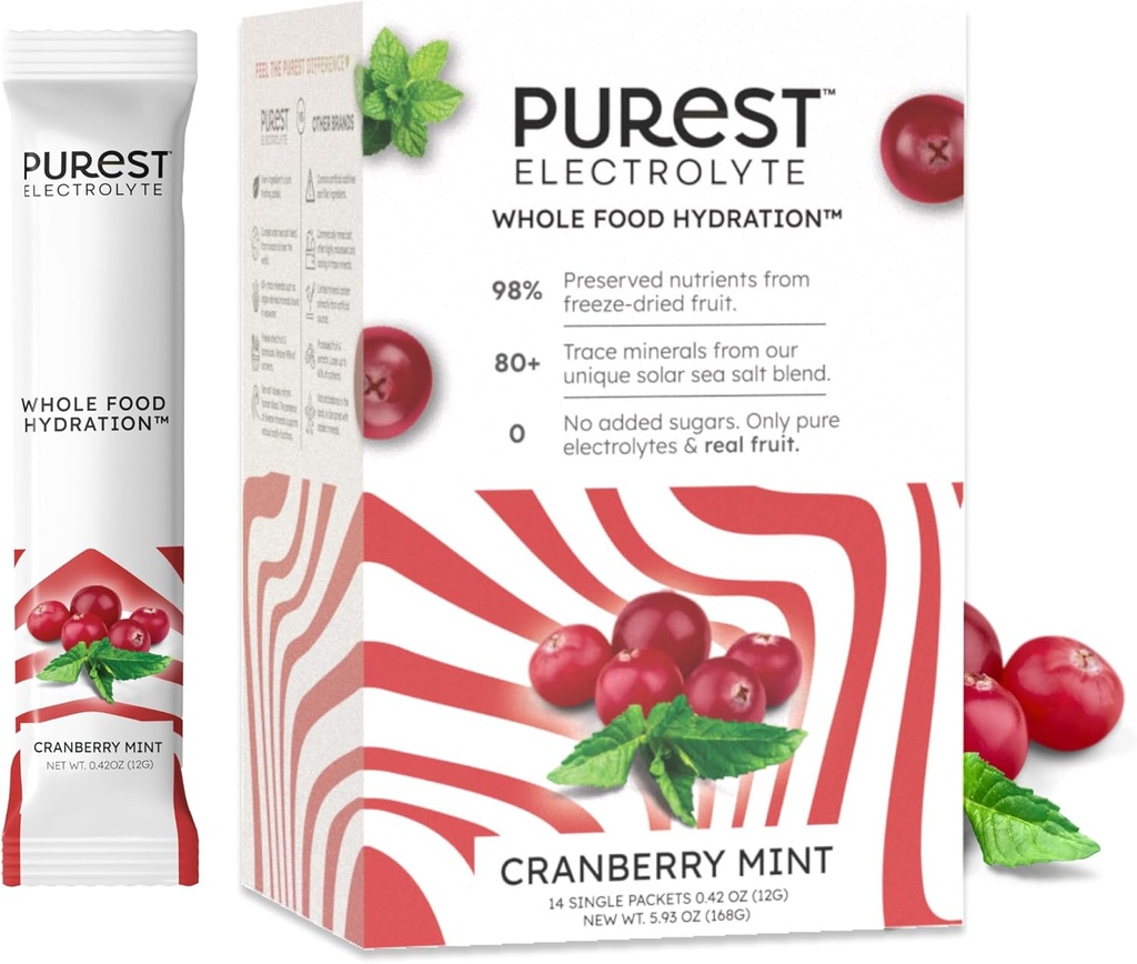 Tunne Brainer New! Purest Electrolyte Cranberry Mint Powder Packetit Koko ruoka Hydraation - Organic Freeze Dried Fruits ja Solar Sea Salts for Ultimate Electrolyte Balance