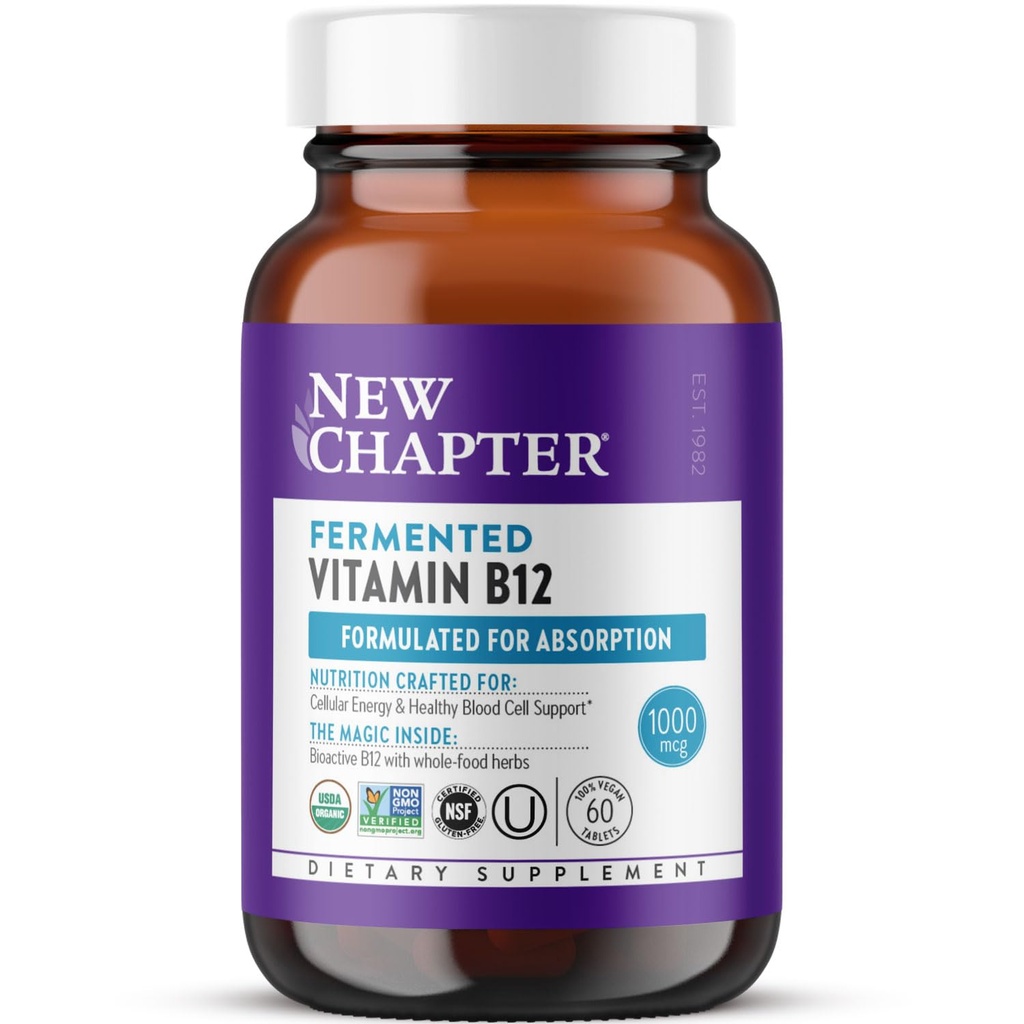 Nytt kapitel Fermenterad vitamin B12 1000 mcg, USDA Organic, EN Daglig för cellulär energi + Hälsosamma blodceller, Certified Vegan, Gluten Free - 60 Count