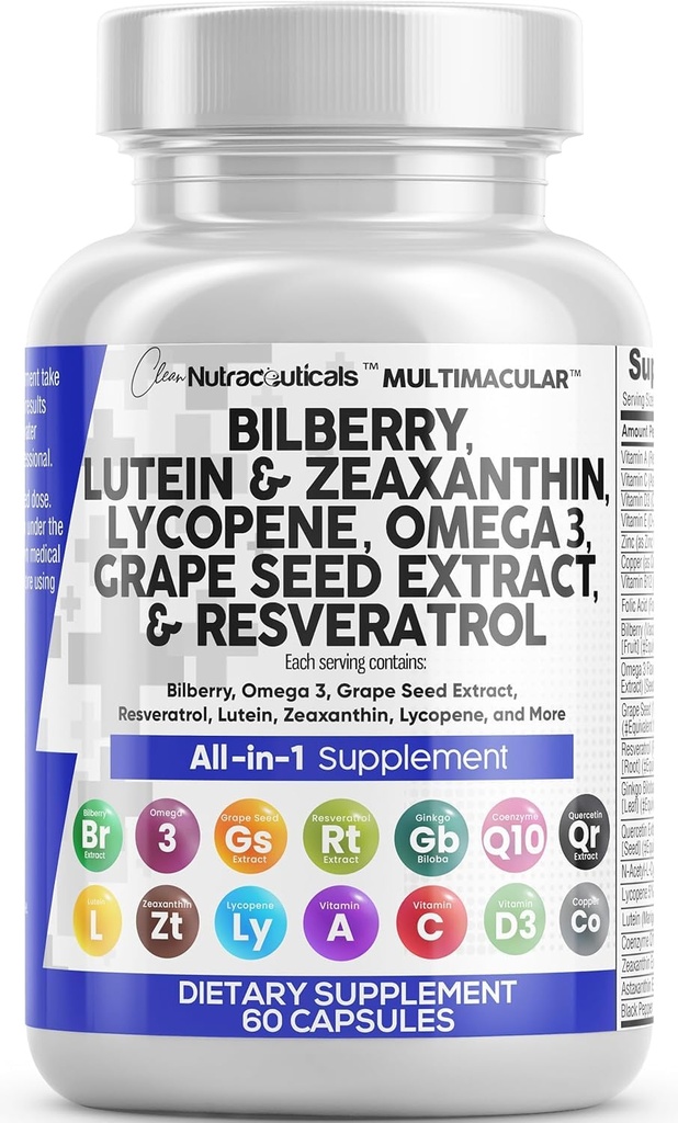 Ren Nutra Eye Vitaminer med Bilberry Lutein och Zeaxanthin Supplements Lycopene 40mg Resveratrol Grape Seed Astaxanthin för ögon - Eye Care Health Support Eye Vitamin och mineral Supplement