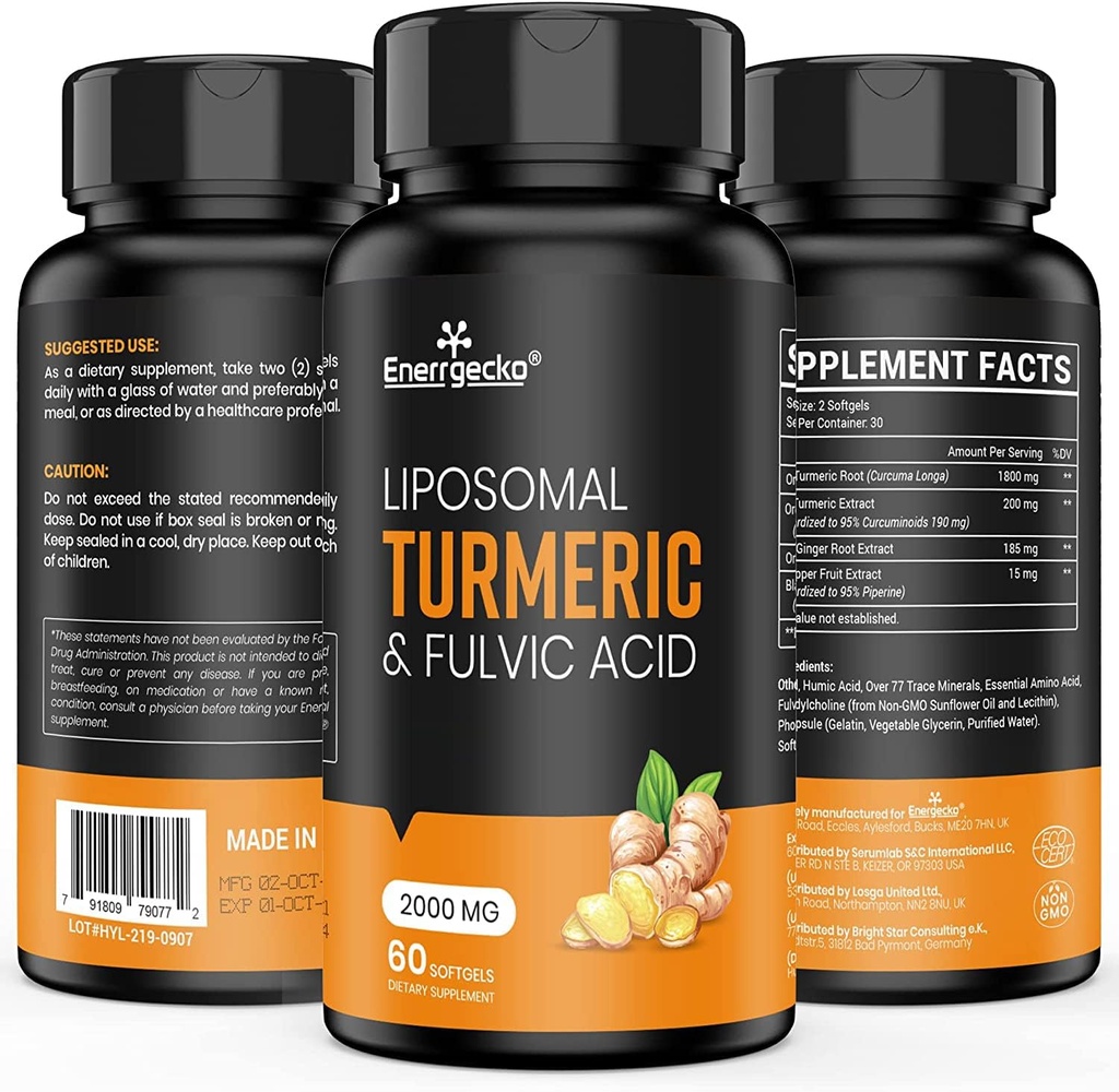 2000 mg Liposomal Turmeric Curcumin med Black Pepper & Ginger för Superior Absorption med Fulvic Acid och Humic Acid (60 greve av 1)
