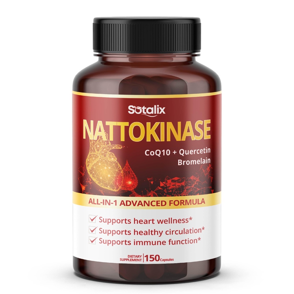 Nattokinase med CoQ10 + Red Yeast Rice Quercetin + Bromelain -Immune Booster - USA Made & Tested (150-dagars Supply (Pack of 1))