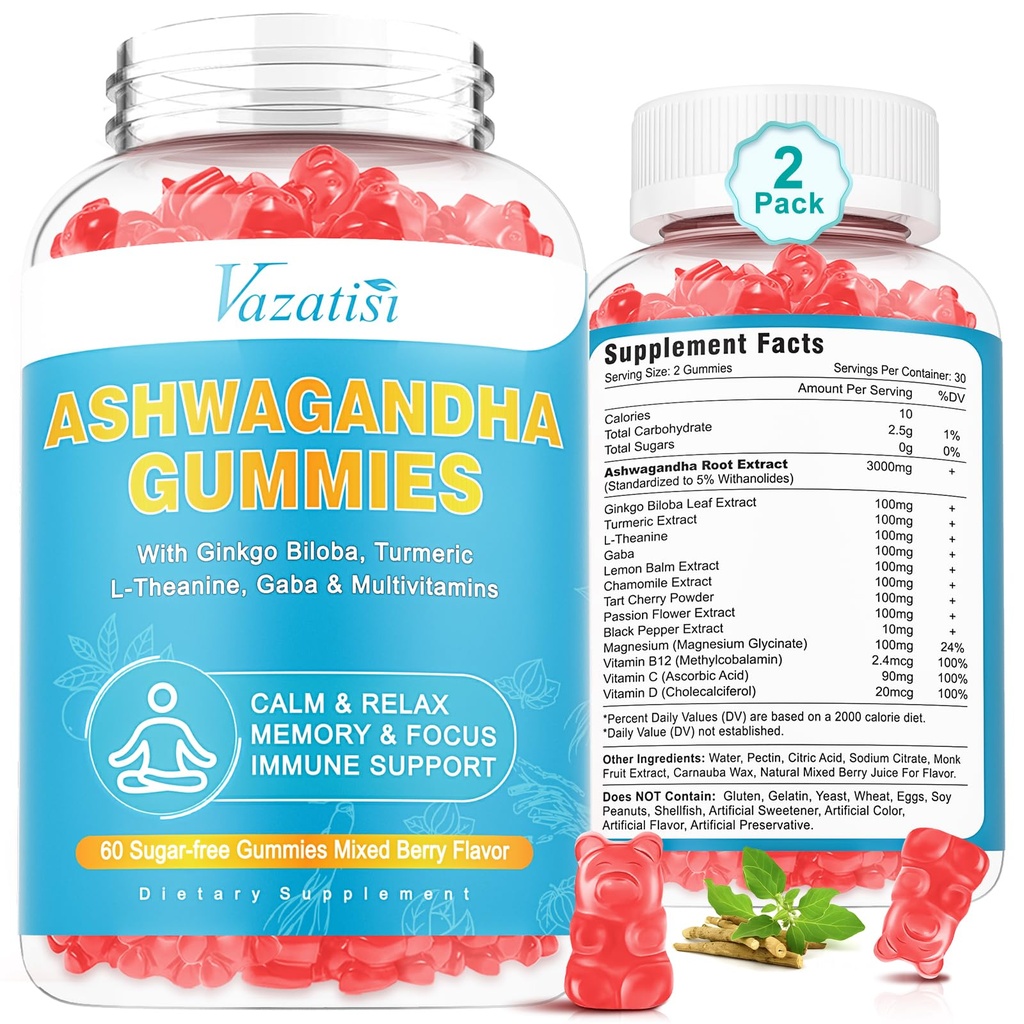 2 Pack Ashwagandha Gummies Turmeric GABA Mood energiaa ja immuuni tukea, sekoitettu marja maku 120 Ct