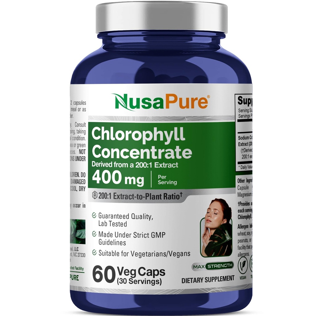 NusaPure klorofylli 200:1 Uute, 400 mg, mikä vastaa 80 000 mg 60 kasviskapselia (Equivalent 80000 mg per Serving, ei-GMO, Vegan) Natrium kupariklorofylli