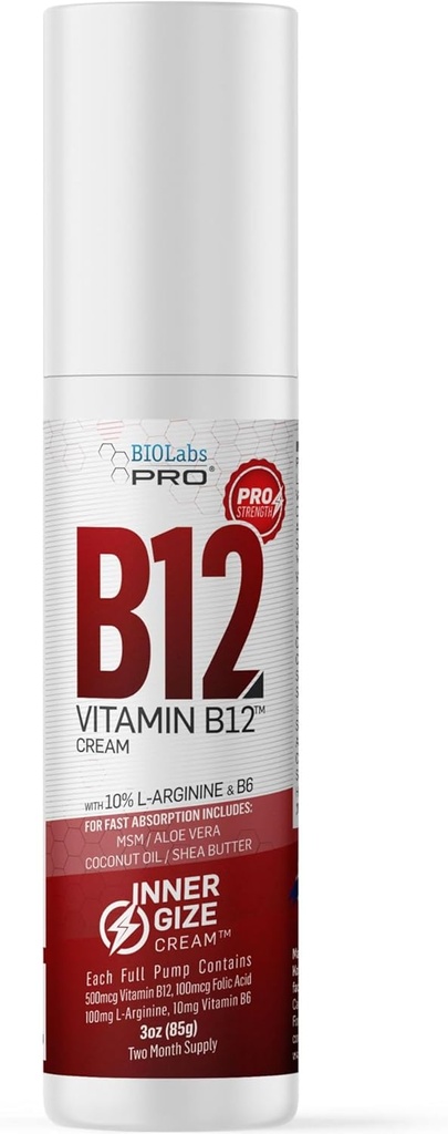 BIOLABS PRO INNERGIZE B12 Cream - Kaikki luonnolliset Uutinen B12 w/B6 & 10% L-arginiini - Advanced Neurological & Preworkout Support - Professional Grade Metyyli B12 - B6