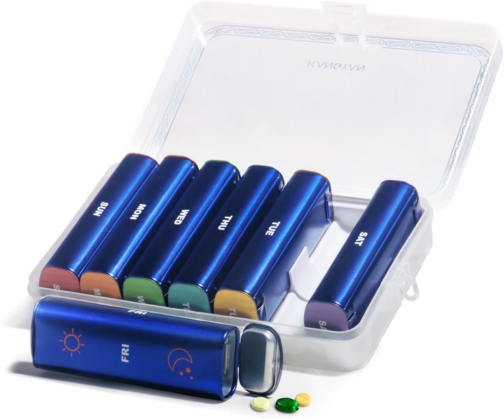 Metal Weekly Pill Organizer 2 gånger om dagen, Aluminiumlegering Portable Travel Pill Box 7 Day, AM PM Twice Daily Pill Case för vitamin, medicin, tillägg, fiskolja