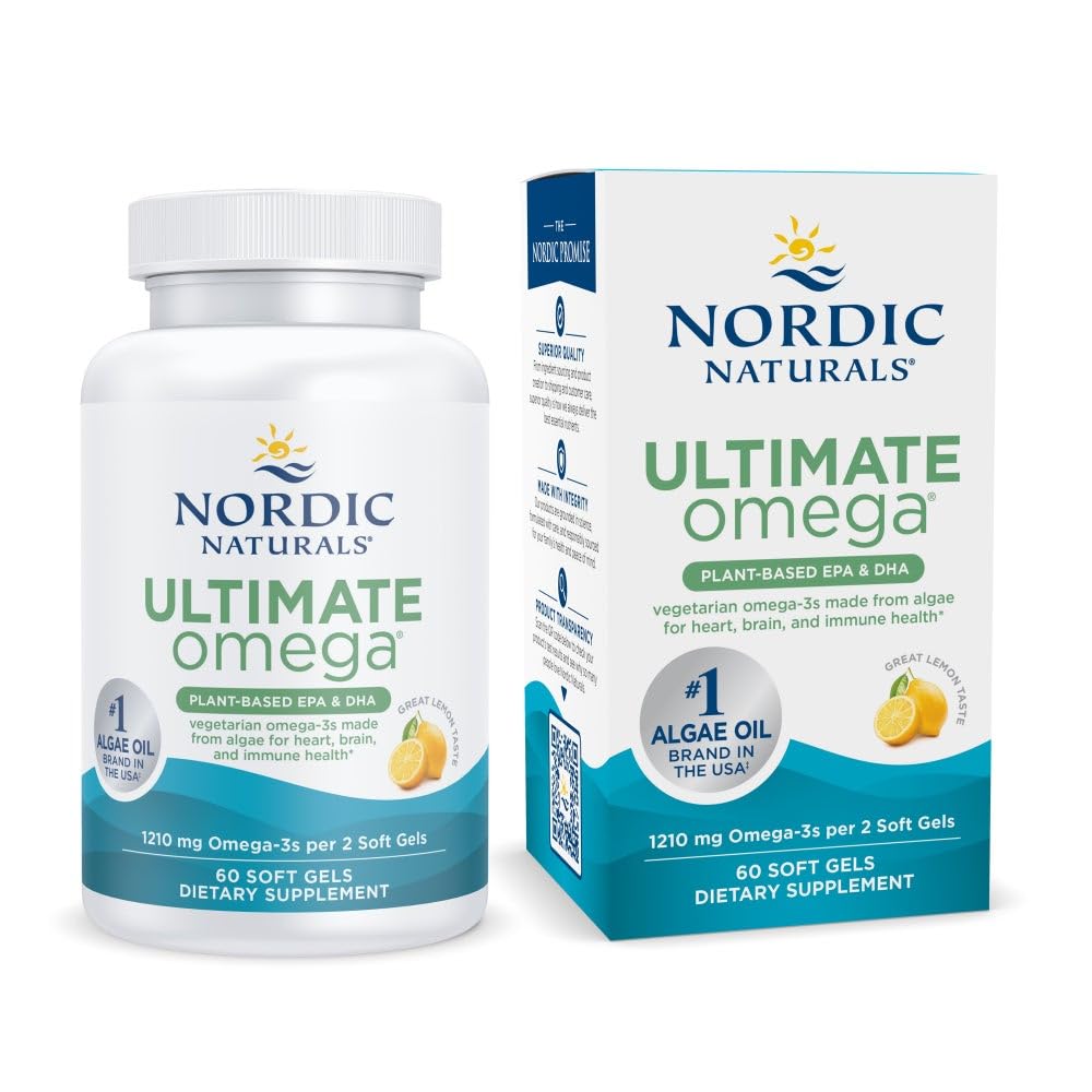 Nordic Naturals Plant Based Ultimate Omega, Lemon Flavor - 60 Kasvissyöjän pehmeät geelit - 1210 mg Omega-3 - Vegan EPA ja DHA - Supplement Valmistettu Algae - Brain & Heart Support - non-GMO - 30 Servings