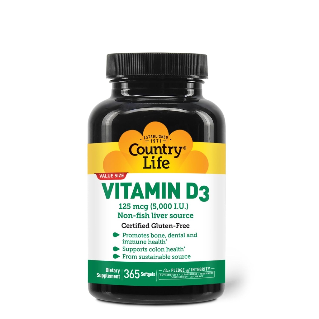 Country Life Vitamin D3 5000 IE - Hög styrka, icke-fiskkälla, stöder benhälsa, immunfunktion och kalciumabsorption - 365 Softgels, certifierad glutenfri, långvarig leverans